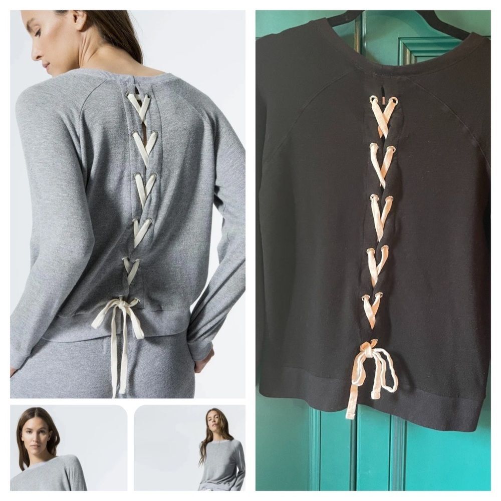 Monrow supersoft sweatshirt black w lace up back lounge wear